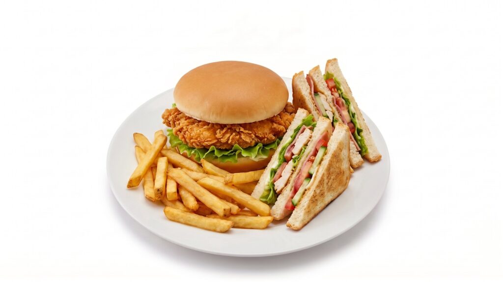 A plate featuring a burger, club sandwiches, and french fries served at Al Maseera Cafeteria.