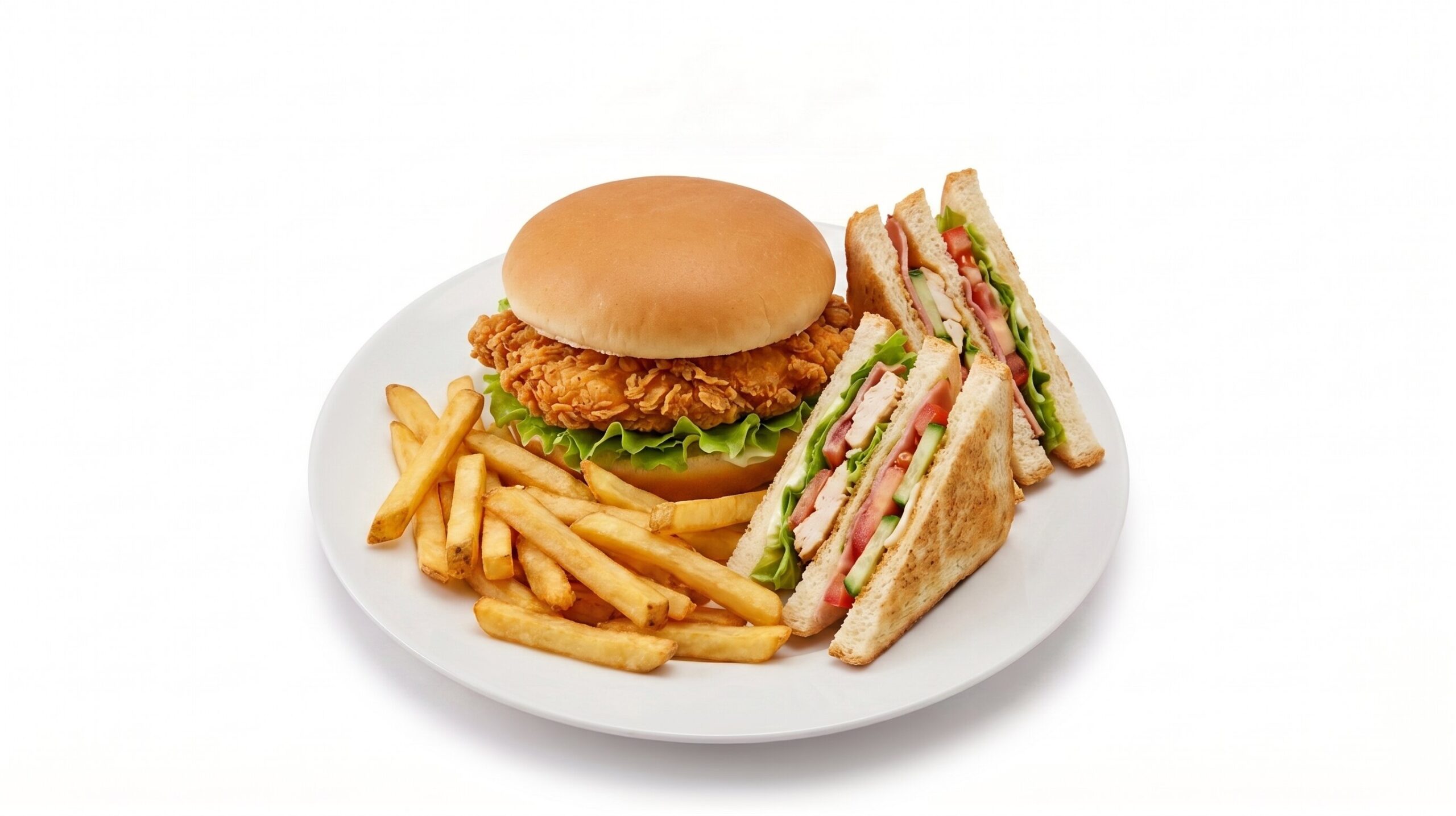 A plate featuring a burger, club sandwiches, and french fries served at Al Maseera Cafeteria.