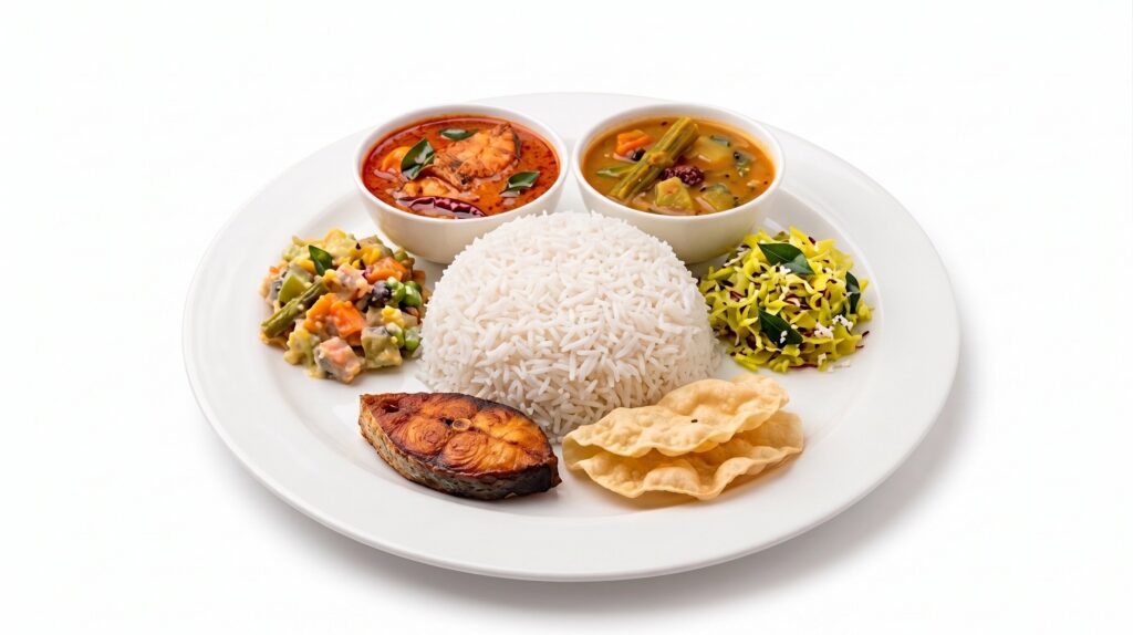 Basmati rice meal with curries and side dishes served at Al Maseera Cafeteria