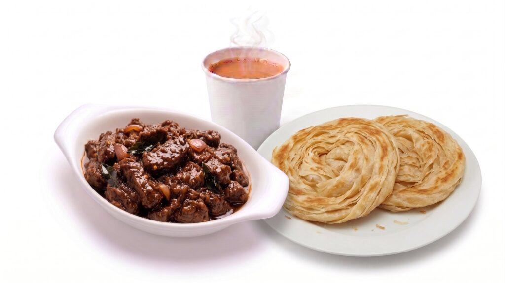 Parotta with beef curry and karak tea combo served at Al Maseera Cafeteria