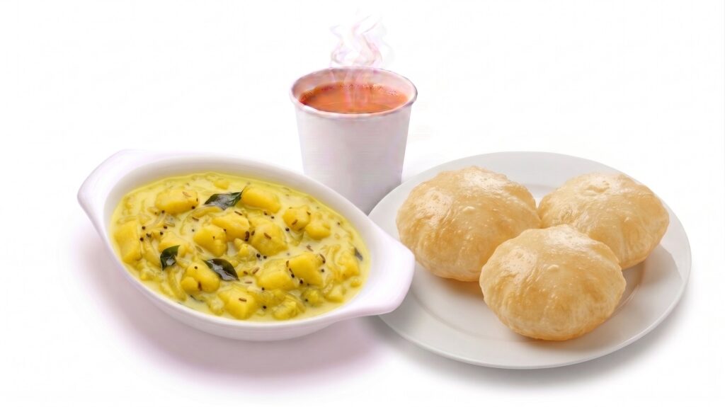Poori with bhaji and karak tea combo served at Al Maseera Cafeteria