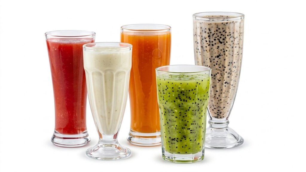 Tall glasses of kiwi, papaya, and pomegranate fresh juices alongside vanilla and Oreo milkshakes served at Al Maseera Cafeteria.