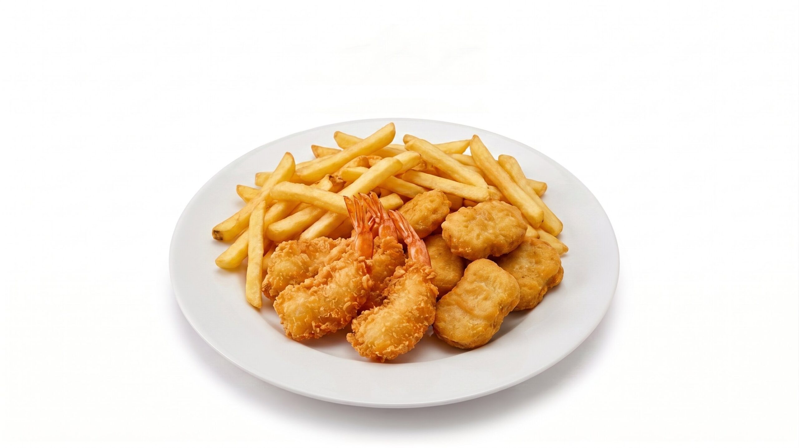 A plate of assorted fried snacks including chicken nuggets, Butterfly Prawns and french fries served at Al Maseera Cafeteria.