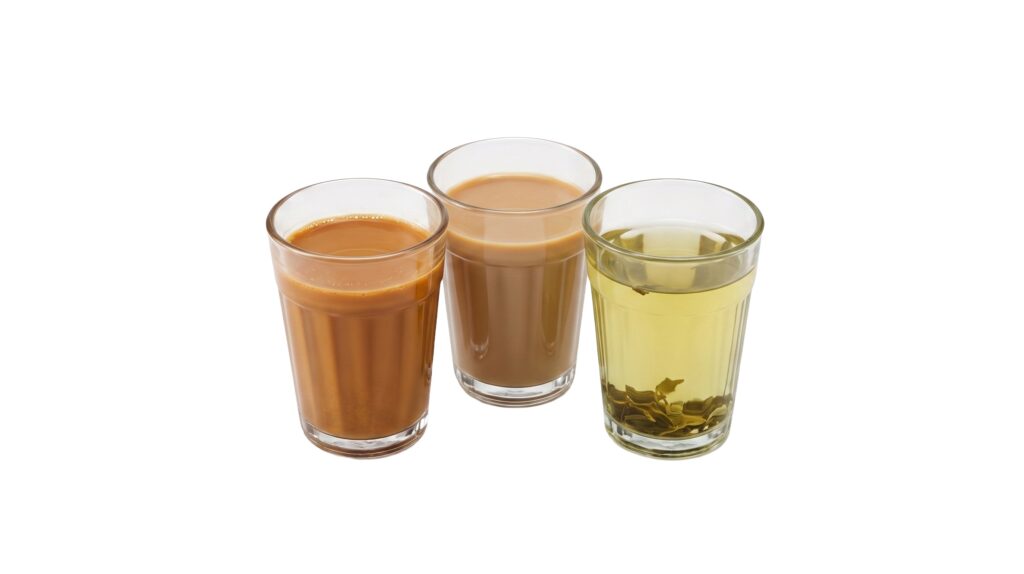 Three glasses containing hot karak tea, coffee, and green tea served at Al Maseera Cafeteria.