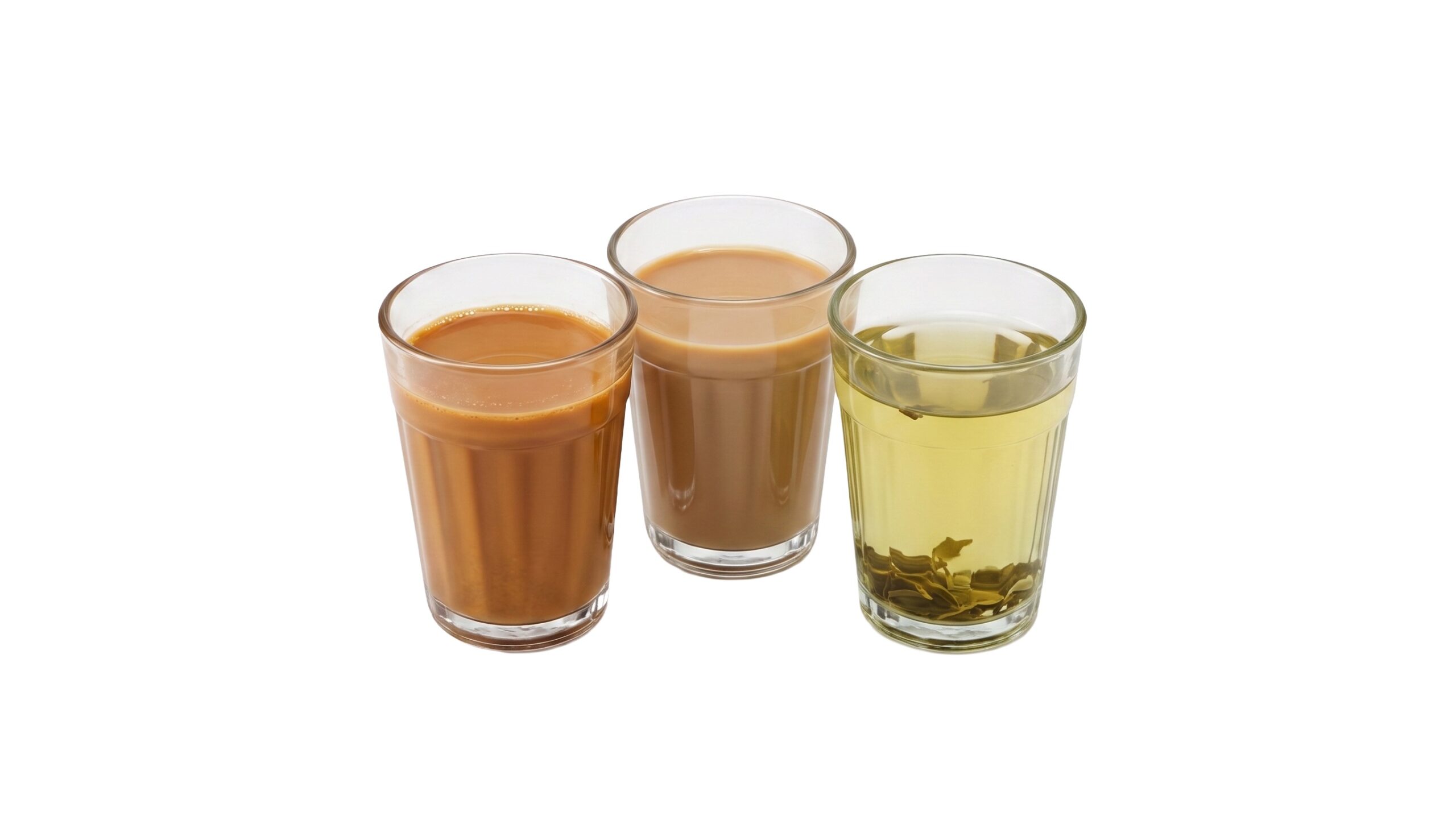 Three glasses containing hot karak tea, coffee, and green tea served at Al Maseera Cafeteria.